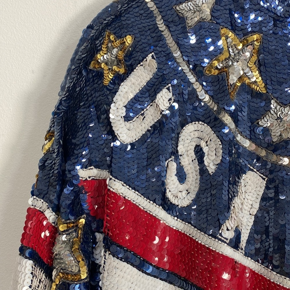 Vintage MODI Pure Silk USA Themed Jacket Pockets Large - Picture 3 of 13